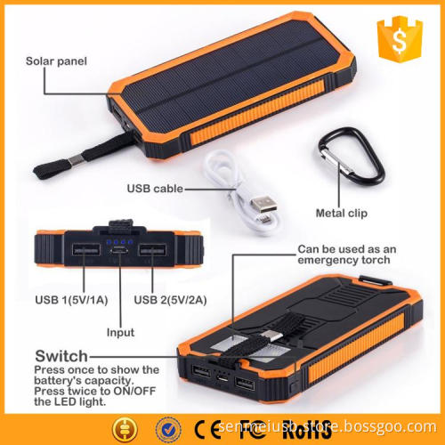 12000 mah solar power bank external battery with metal clip and led light